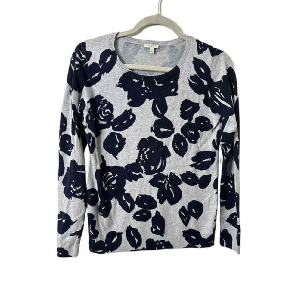 Talbots Sweater Womans Size Petite Navy Gray Floral Lightweight Crewneck